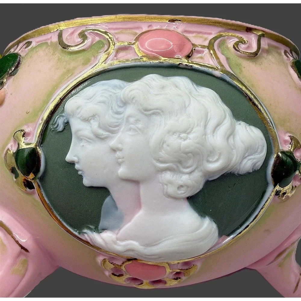 Antique Schafer-Vater Pink Jasperware Vanity Set Oblong Bowl & Crown Star Vase